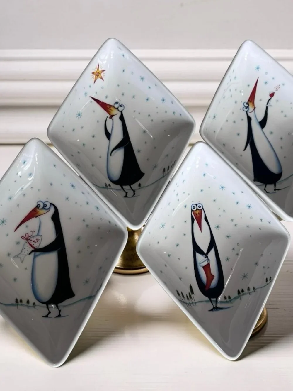 RARE Royal Worcester Clare Mackie Penguin Hors d'Oeuvres Christmas Dish Set of 4